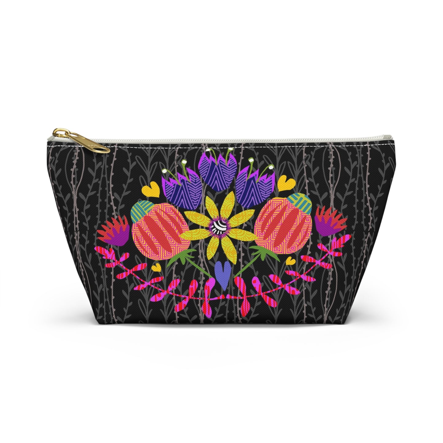 Funky Folk Flowers ~ Vines in Black and White ~ Accessory Pouch w T-bottom