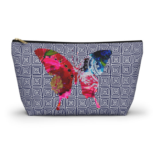 Butterflies with Navy Squares ~ Accessory Pouch w T-bottom
