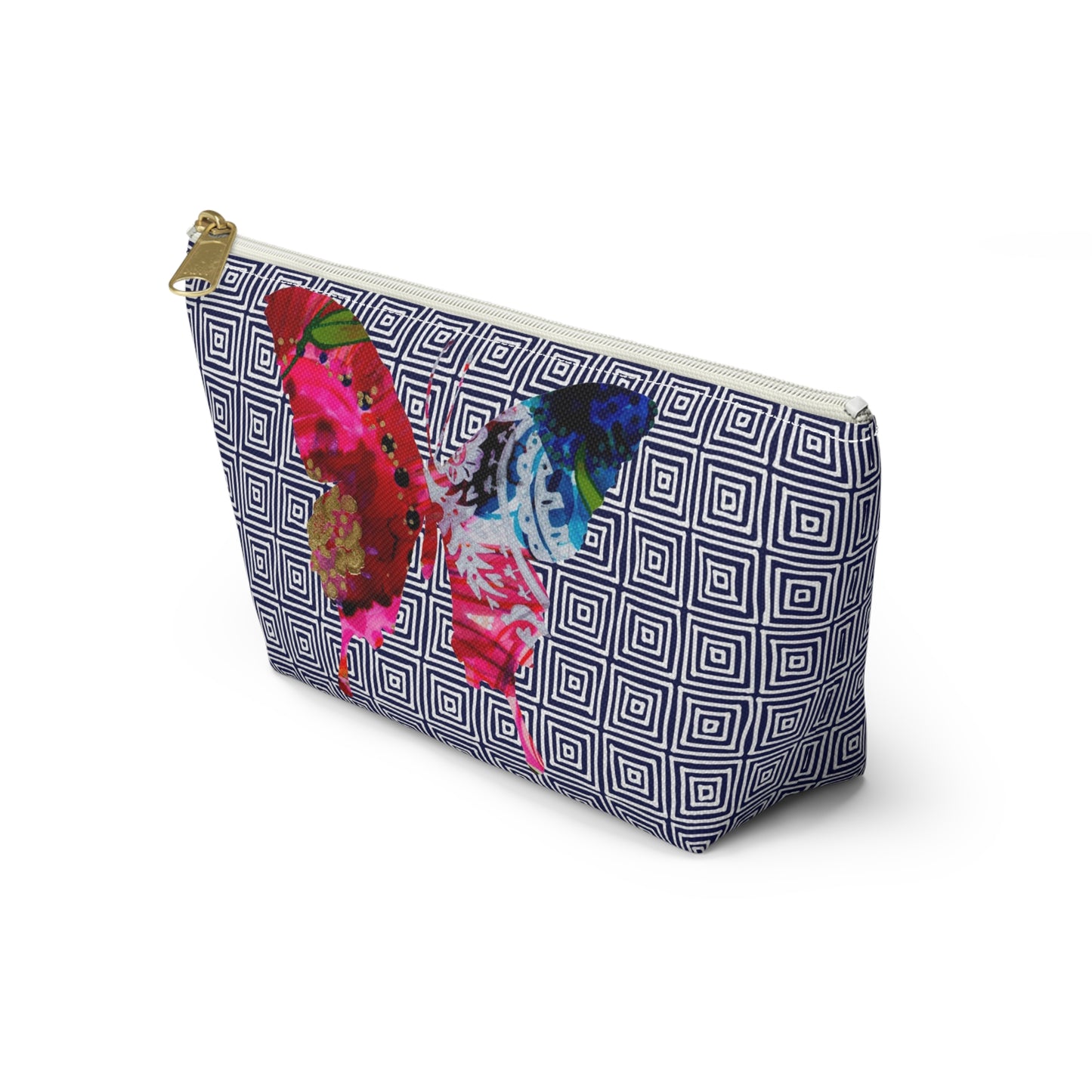 Butterflies with Navy Squares ~ Accessory Pouch w T-bottom