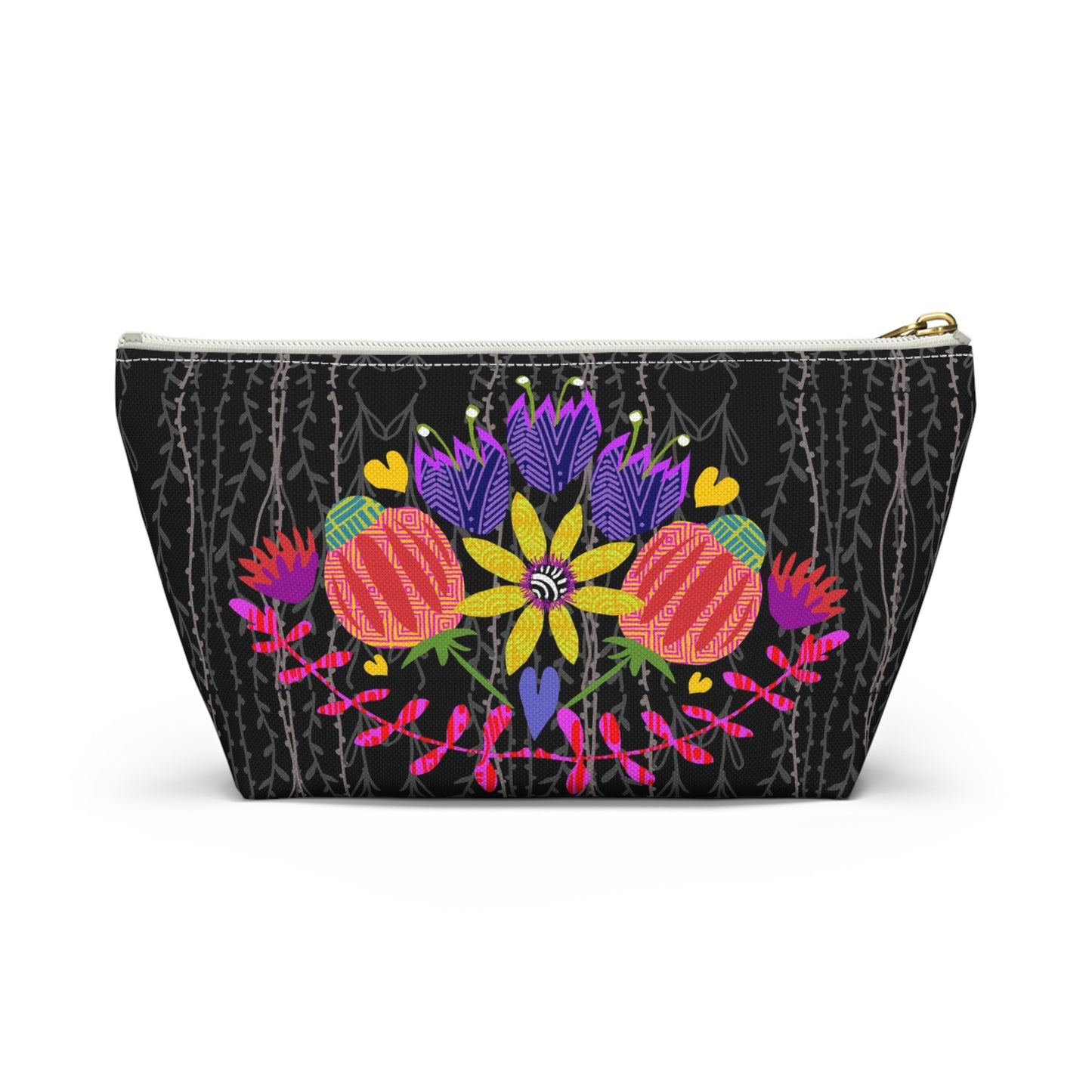 Funky Folk Flowers ~ Vines in Black and White ~ Accessory Pouch w T-bottom