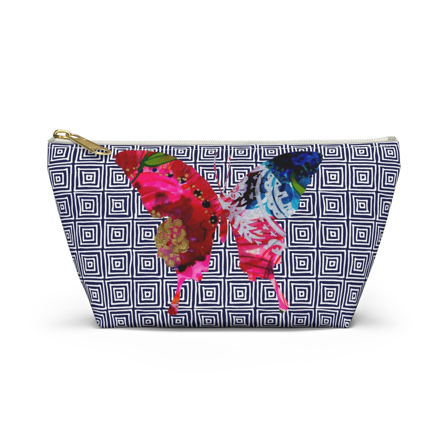 Butterflies with Navy Squares ~ Accessory Pouch w T-bottom