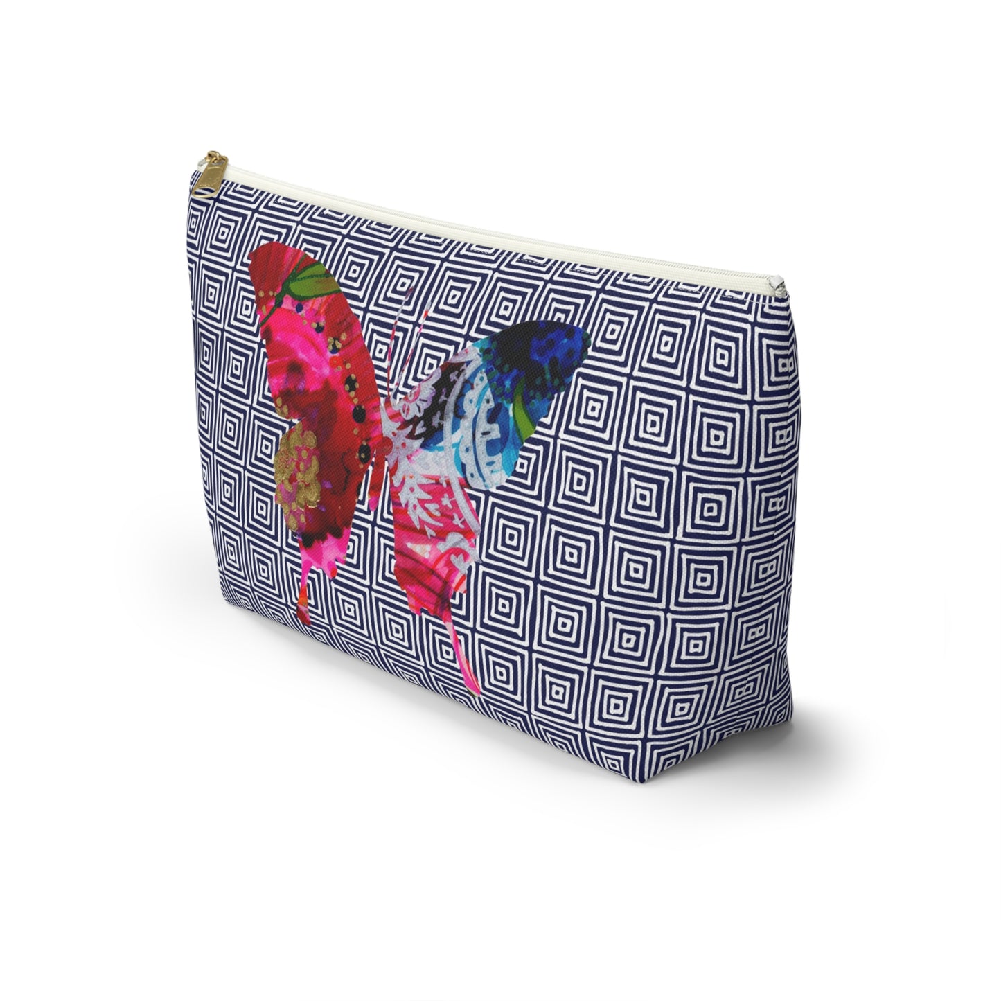 Butterflies with Navy Squares ~ Accessory Pouch w T-bottom