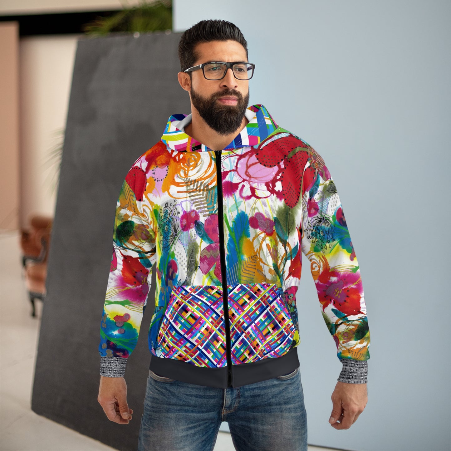 Mixed Patterns Unisex Zip Hoodie with Belonging Painting by Jennifer Visscher