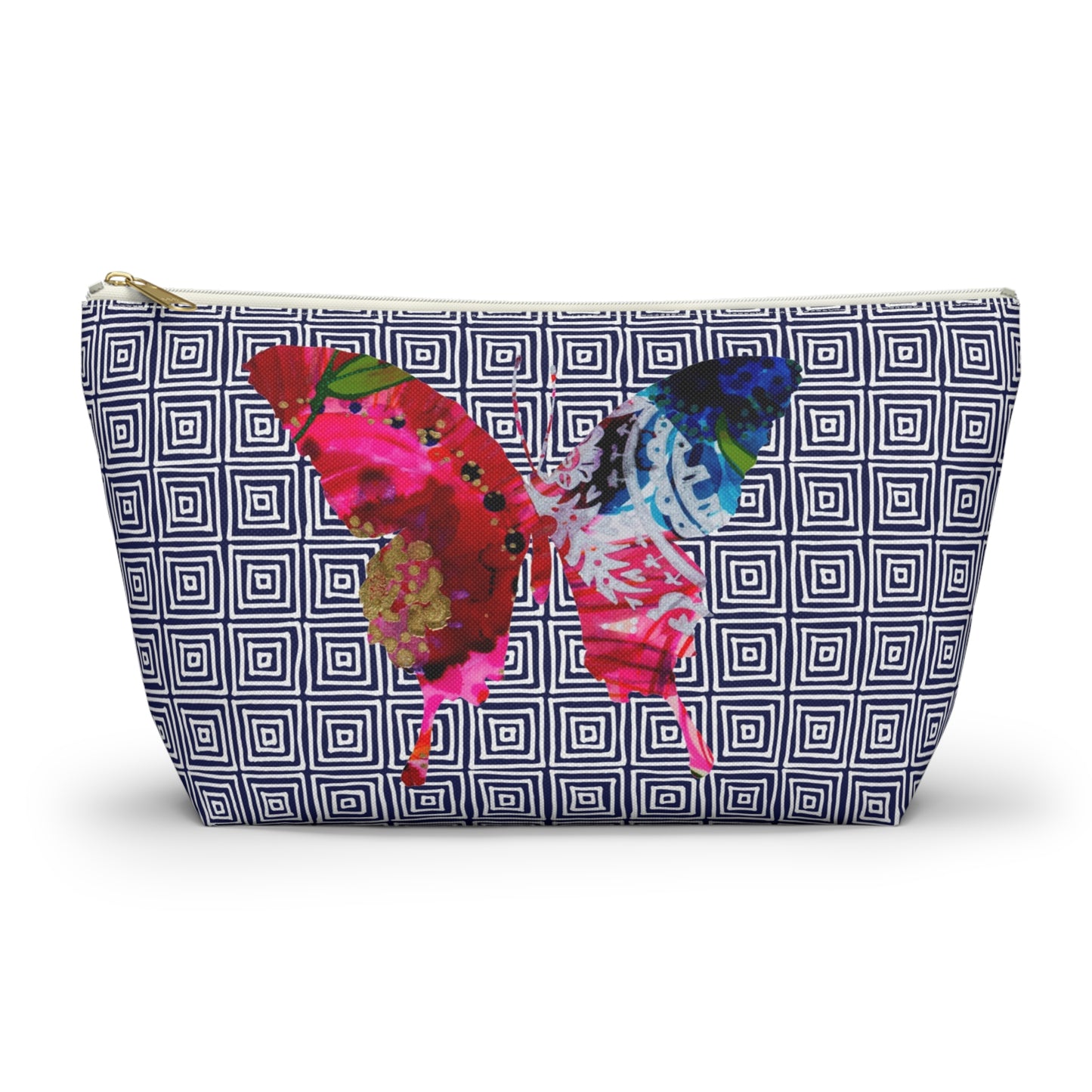 Butterflies with Navy Squares ~ Accessory Pouch w T-bottom