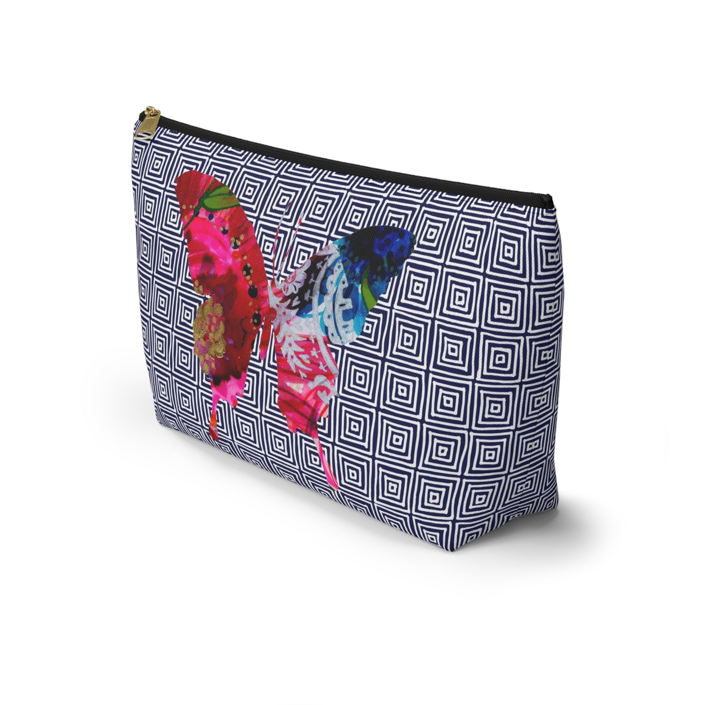 Butterflies with Navy Squares ~ Accessory Pouch w T-bottom